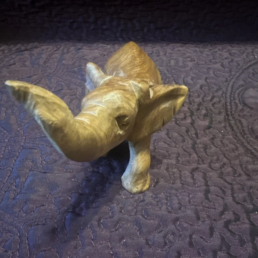 Vintage 5x2x3 Elephant Sitting Hand-Carved Wood Wooden Figurine Trunk Trumpeting